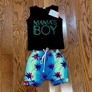 NWT “Mama”s Boy” tank top & tropical print shorts size 24m